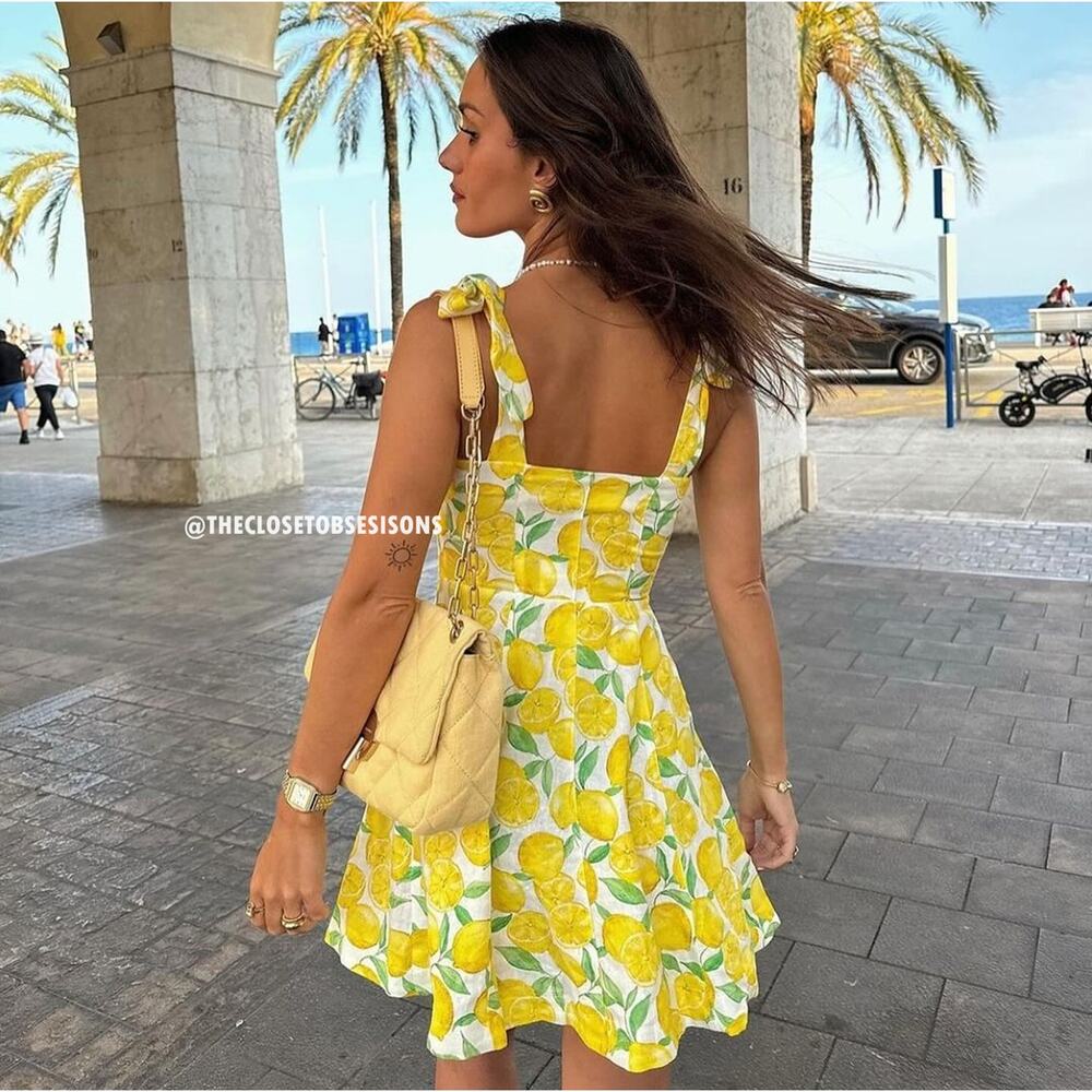 ZARA Lemon Print Linen Blend Mini Dress NWT Amalfi Coast Vacation Dress M - Picture 8 of 16